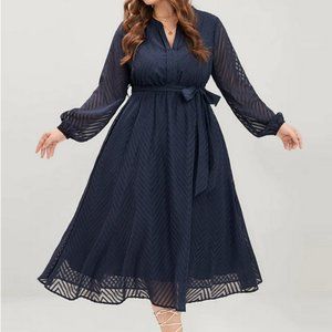 Solid Geometric Pocket Mesh Lantern Sleeve Belted Dress